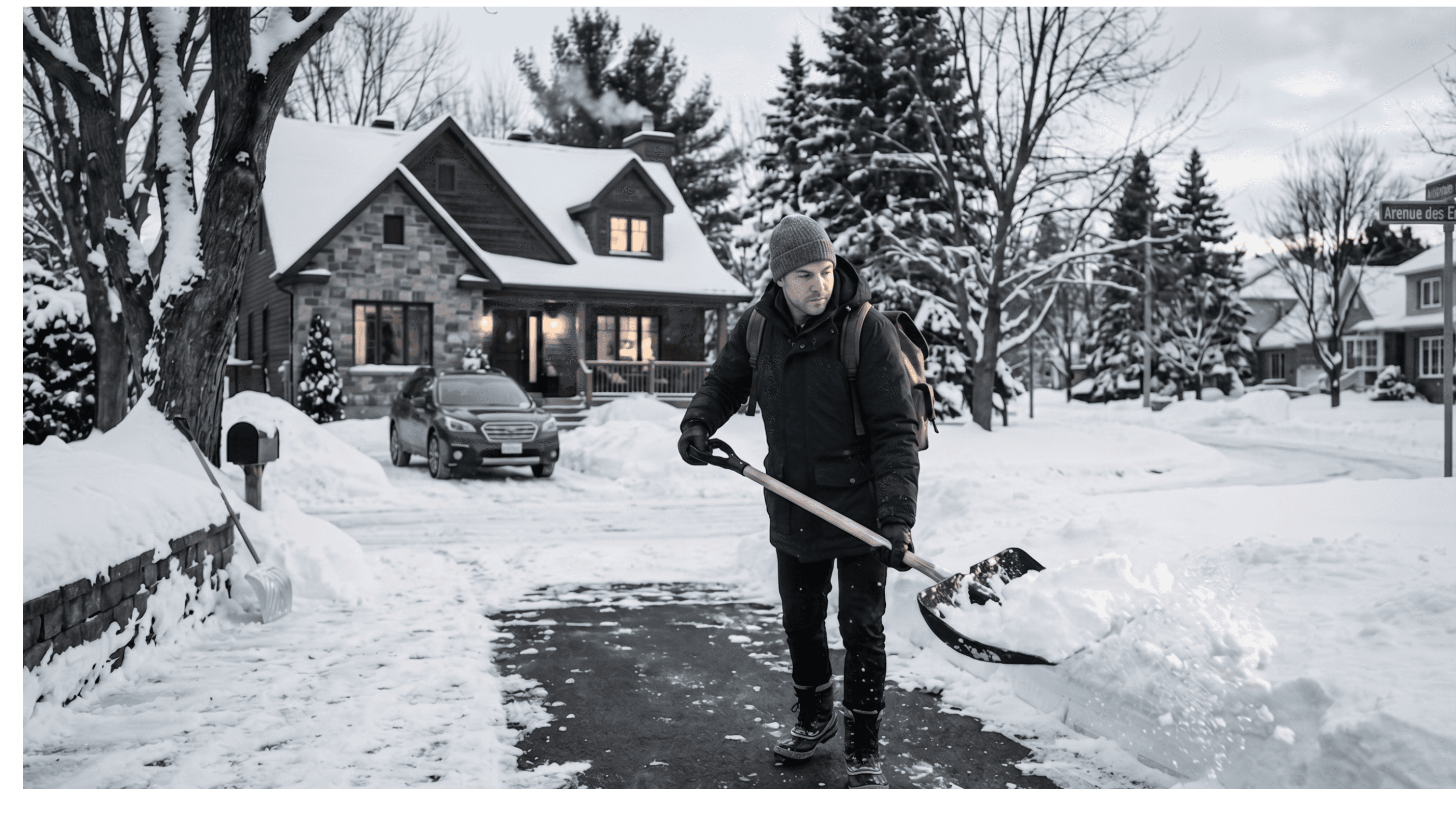 Pelle à neige rangée devant une entrée dégagée